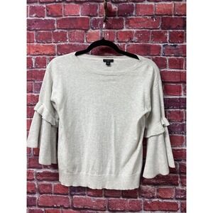 Ann Taylor Factory Petite Oatmeal Beige Ruffle‎ Bell Sleeve Crew Neck Sweater SP